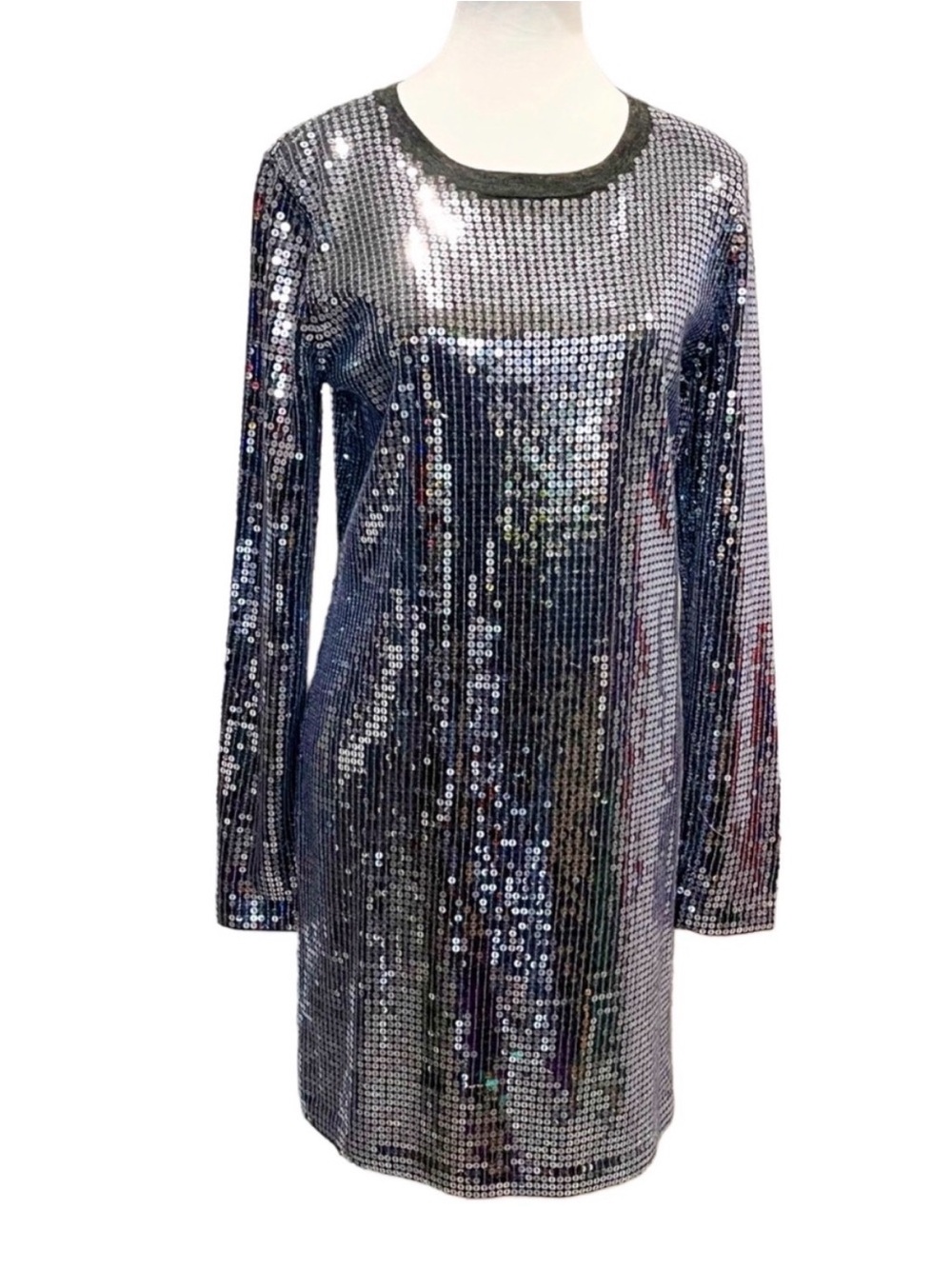 MICHAEL Michael Kors Wool Alpaca Silver Sequin Long Sleeve Shift Dress Large